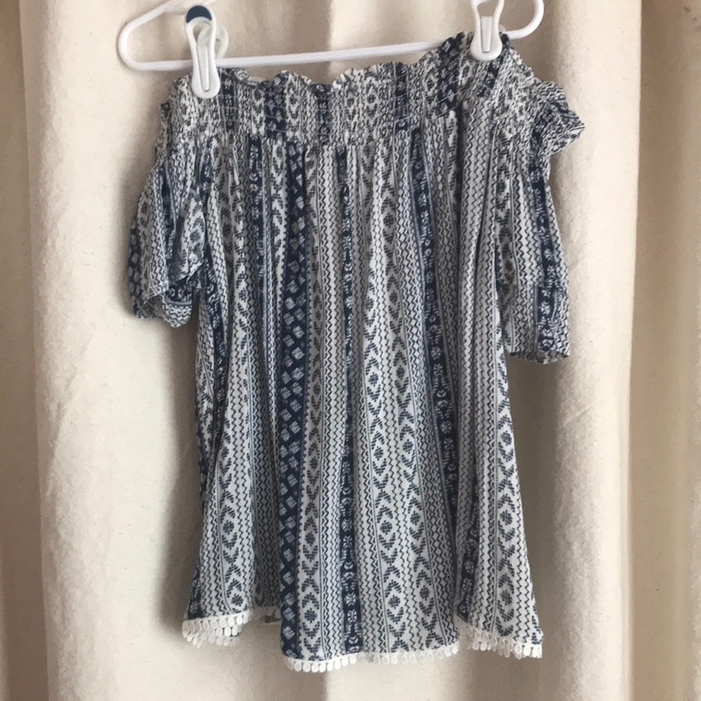 S blue and white off the shoulder shirt